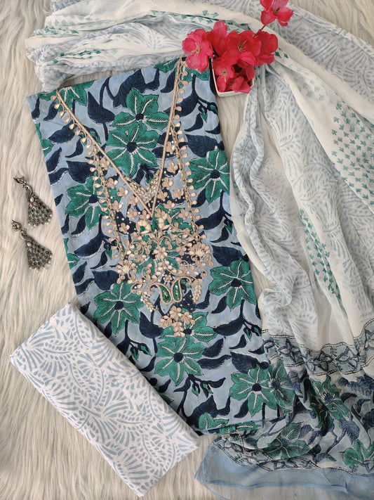 FLORAL PRINTED COTTON GOTA PATTI SUIT WITH CHIFFON DUPATTA