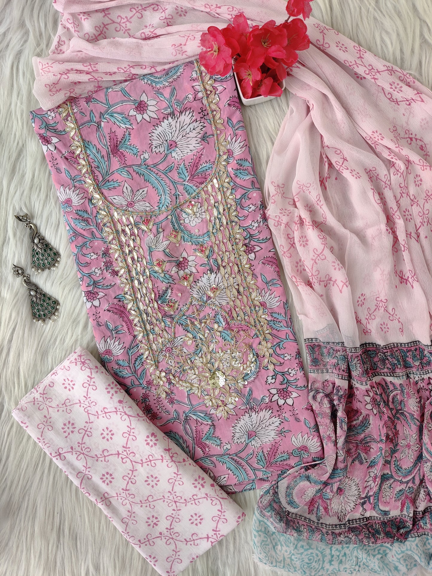FLORAL PRINTED COTTON GOTA PATTI SUIT WITH CHIFFON DUPATTA