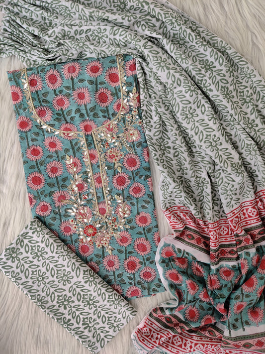 FLORAL PRINTED COTTON GOTA PATTI SUIT WITH COTTON DUPATTA