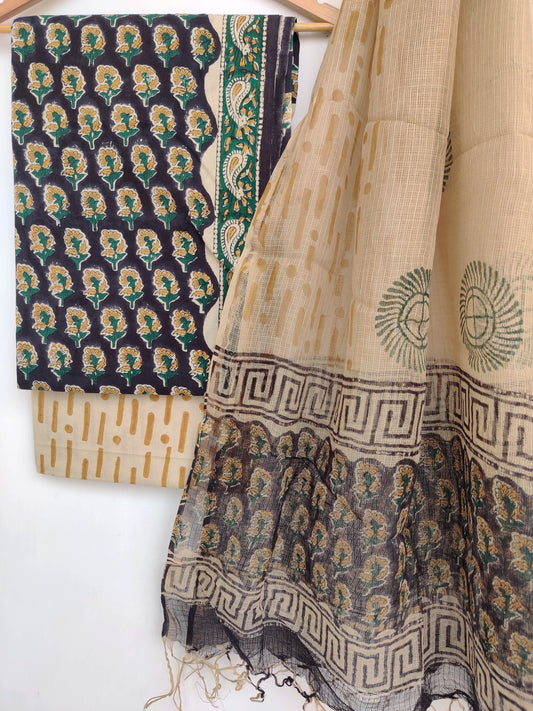 (KALAMKARI) Hand Block Printed Cotton Suit with Cotton Kota Doria dupatta3