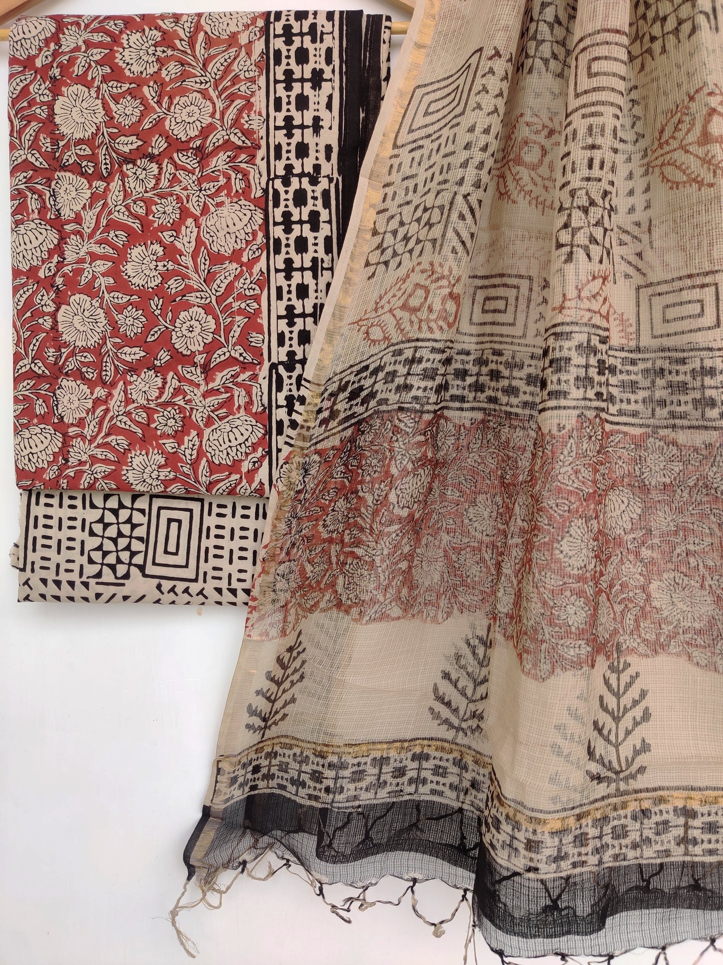 (KALAMKARI) Hand Block Printed Cotton Suit with Cotton Kota Doria dupatta2
