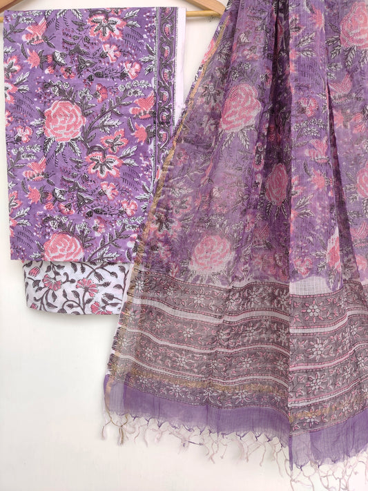Hand Block Printed Cotton Suit with Cotton Kota Doria dupatta de