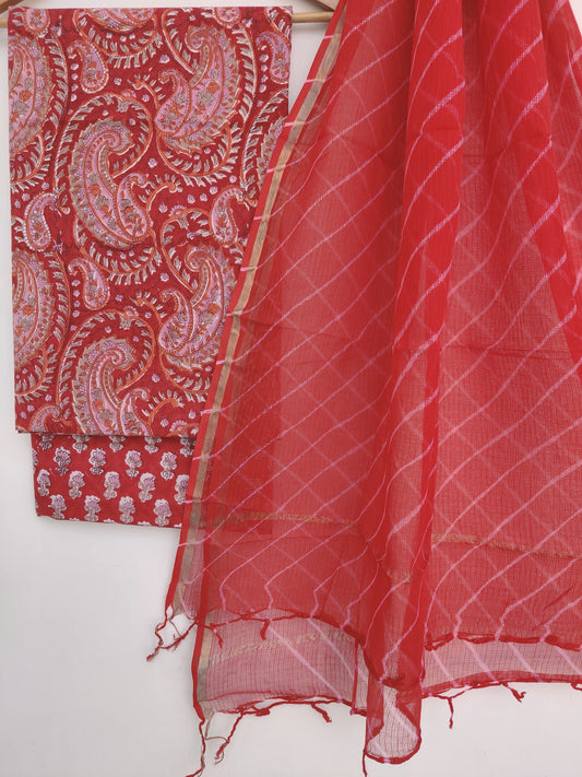 RED BLOCK PRINTED COTTON SUIT WITH LEHRIYA KOTA DORIA DUPATTA