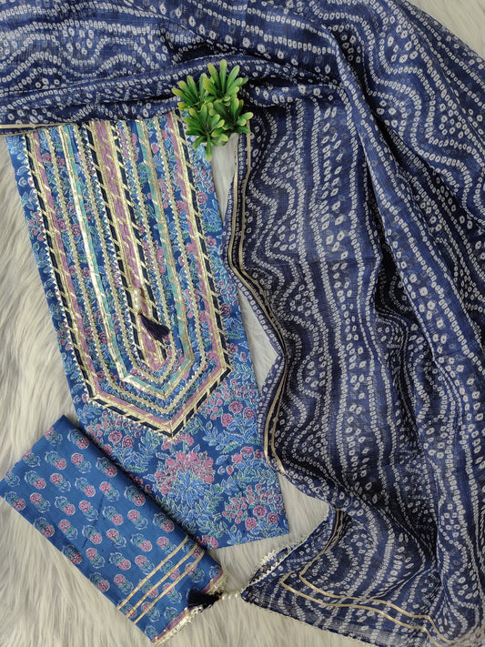 FLORAL PRINTED COTTON GOTA LACE SUIT WITH KOTA DORIA DUPATTA