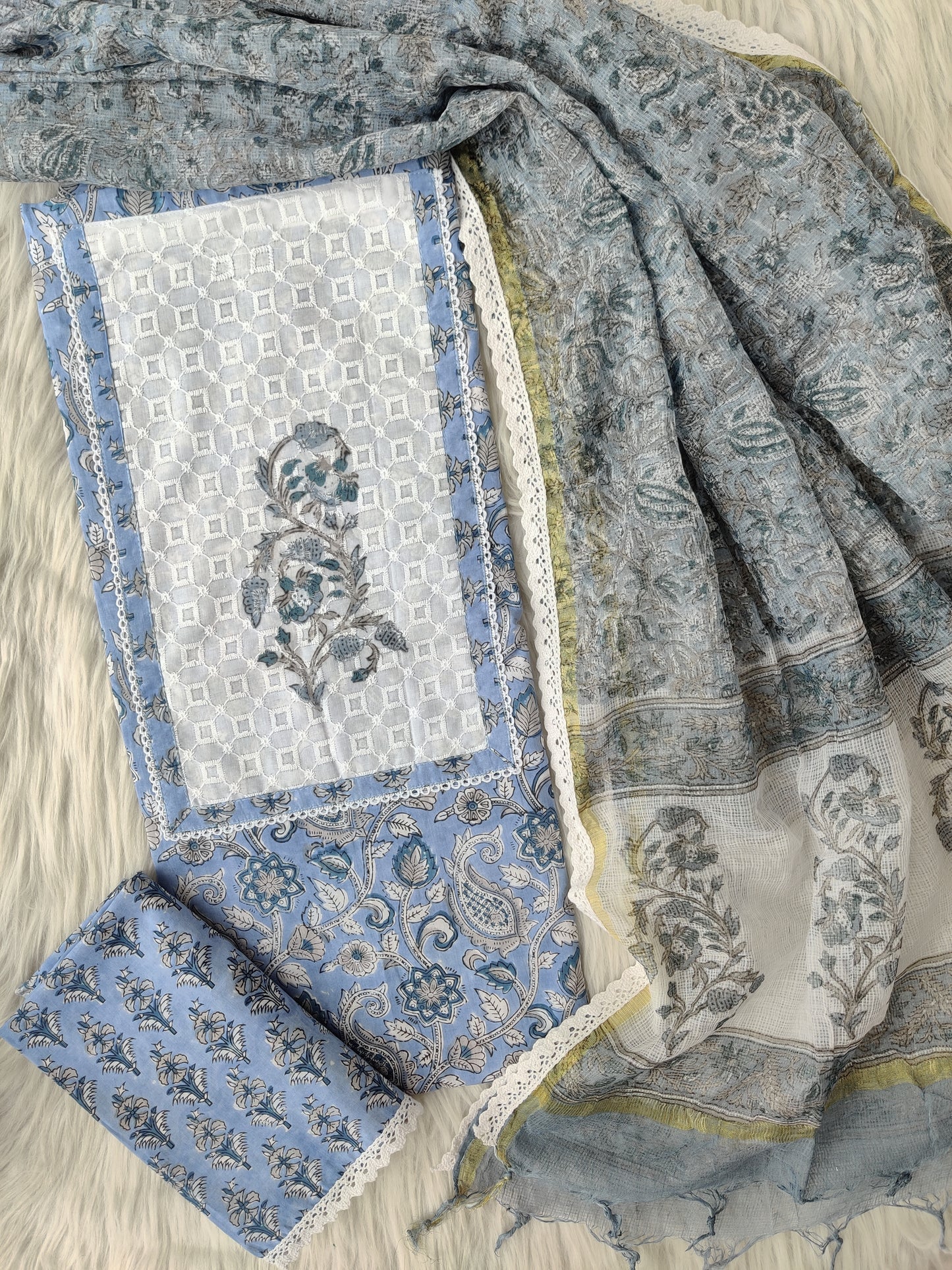 HANDBLOCK PRINTED BOOTA PRINT WORK SUITS WITH KOTA DORIA DUPATTA