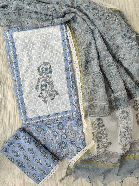 HANDBLOCK PRINTED BOOTA PRINT WORK SUITS WITH KOTA DORIA DUPATTA