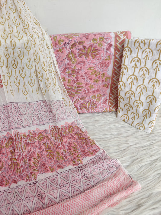 Hand Block Printed Cotton Suit with Pure Chiffon dupatta