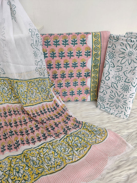 Hand Block Printed Cotton Suit with Pure Chiffon dupatta