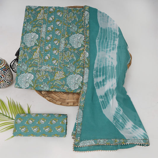 Cotton Printed Neck Work Suits with Chiffon dupatta