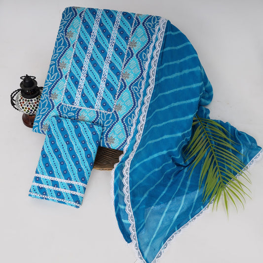 Cotton Printed Neck Work Suits with Chiffon dupatta