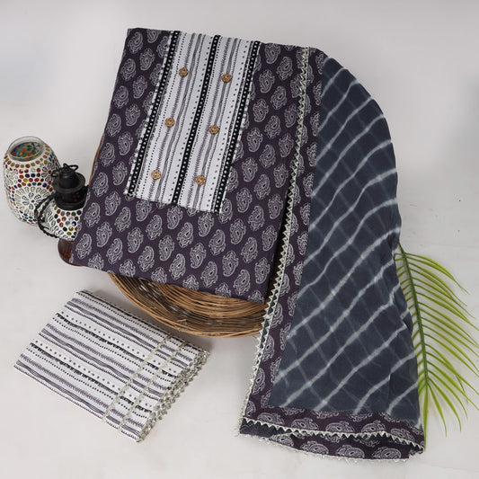 Cotton Printed Neck Work Suits with Chiffon dupatta