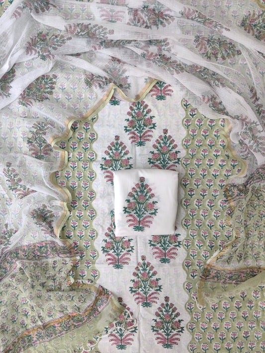 Hand Block Printed Cotton Suit with Cotton Kota Doria dupatta