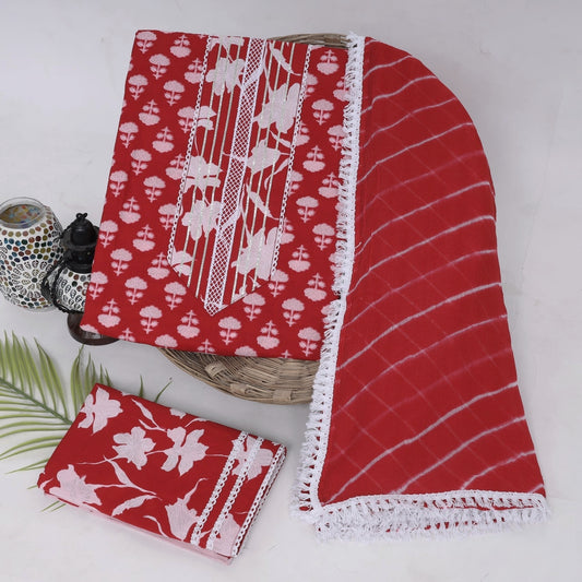 Cotton Printed Neck Work Suits with Chiffon dupatta