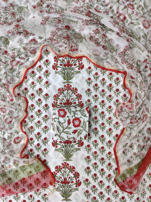 Hand Block Printed Cotton Suit with Cotton Kota Doria dupatta