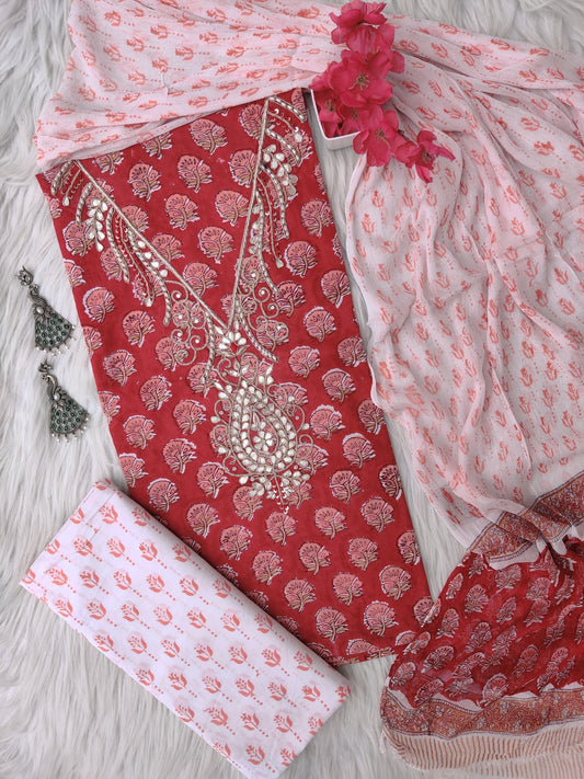 FLORAL PRINTED COTTON GOTA PATTI SUIT WITH CHIFFON DUPATTA