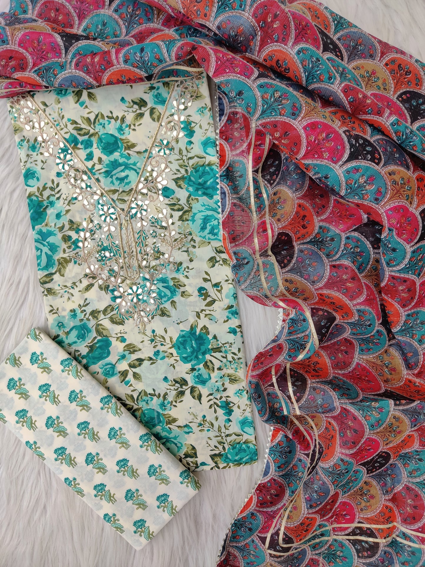 FLORAL PRINTED COTTON GOTA LACE SUIT WITH KOTA DORIA DUPATTA