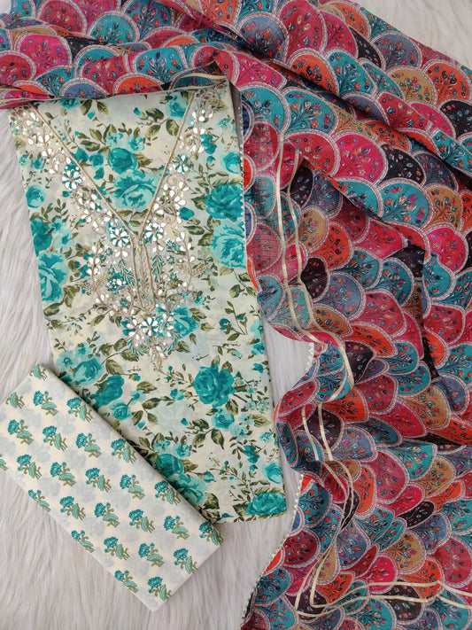 FLORAL PRINTED COTTON GOTA LACE SUIT WITH KOTA DORIA DUPATTA