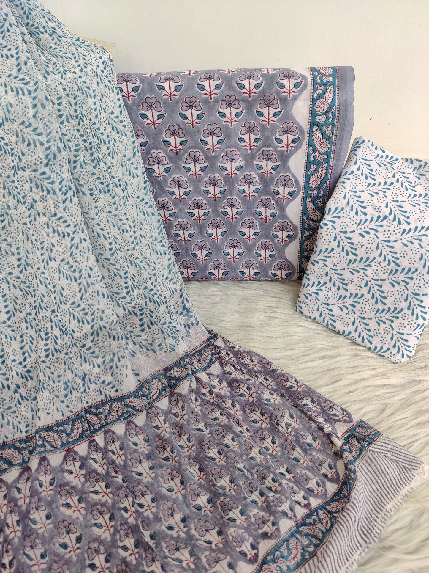 HAND BLOCK PRINTED COTTON SUIT WITH PURE CHIFFON DUPATTA