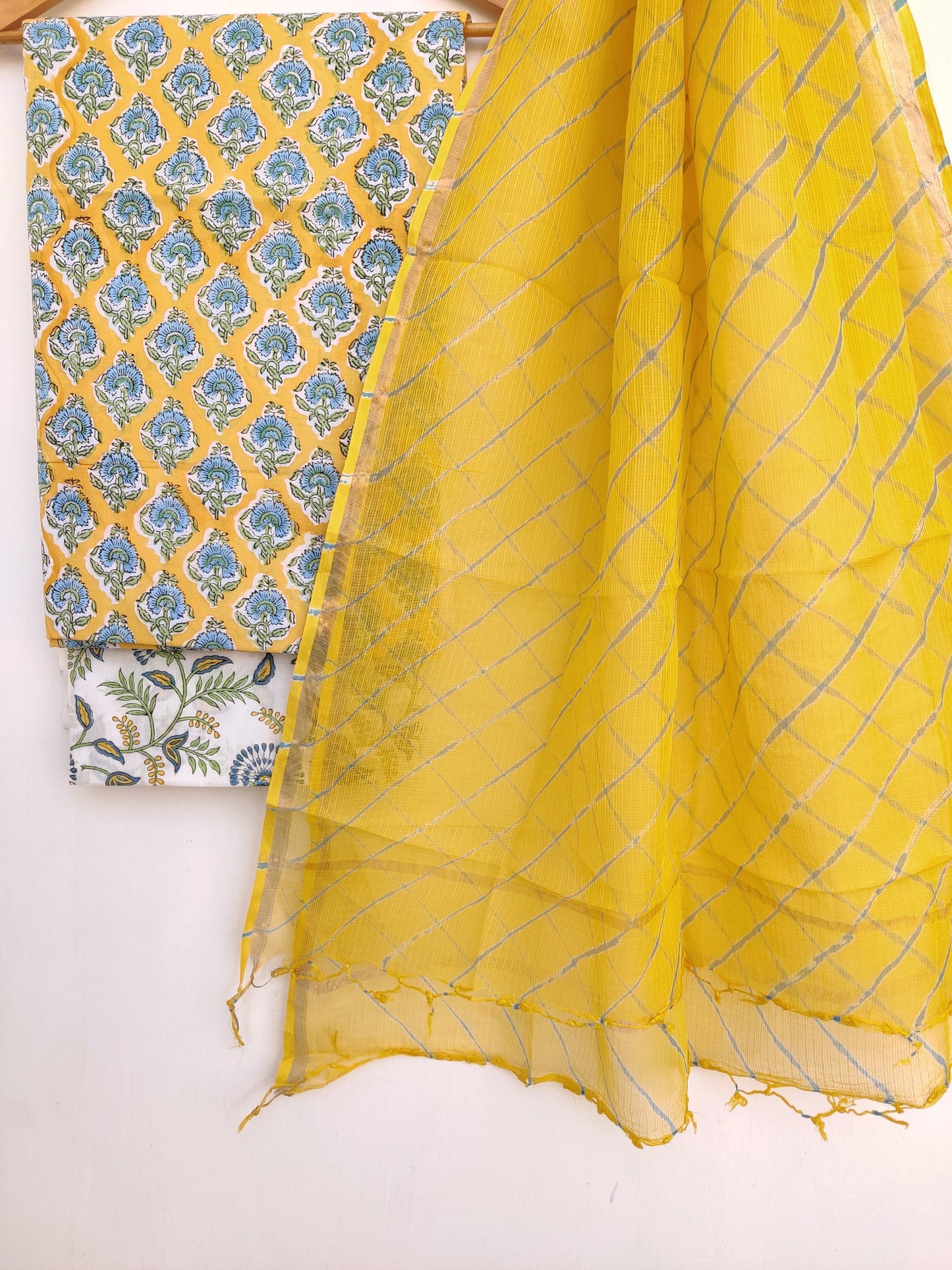 BLOCK PRINTED COTTON SUIT WITH LEHRIYA KOTA DORIA DUPATTA