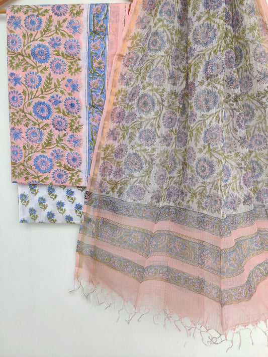Hand Block Printed Cotton Suit with Cotton Kota Doria dupatta