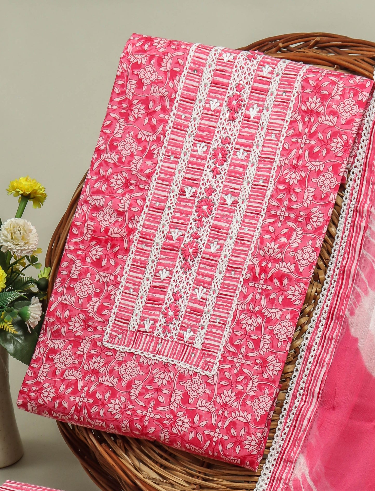 Cotton Printed Neck Work Suits with Chiffon dupatta