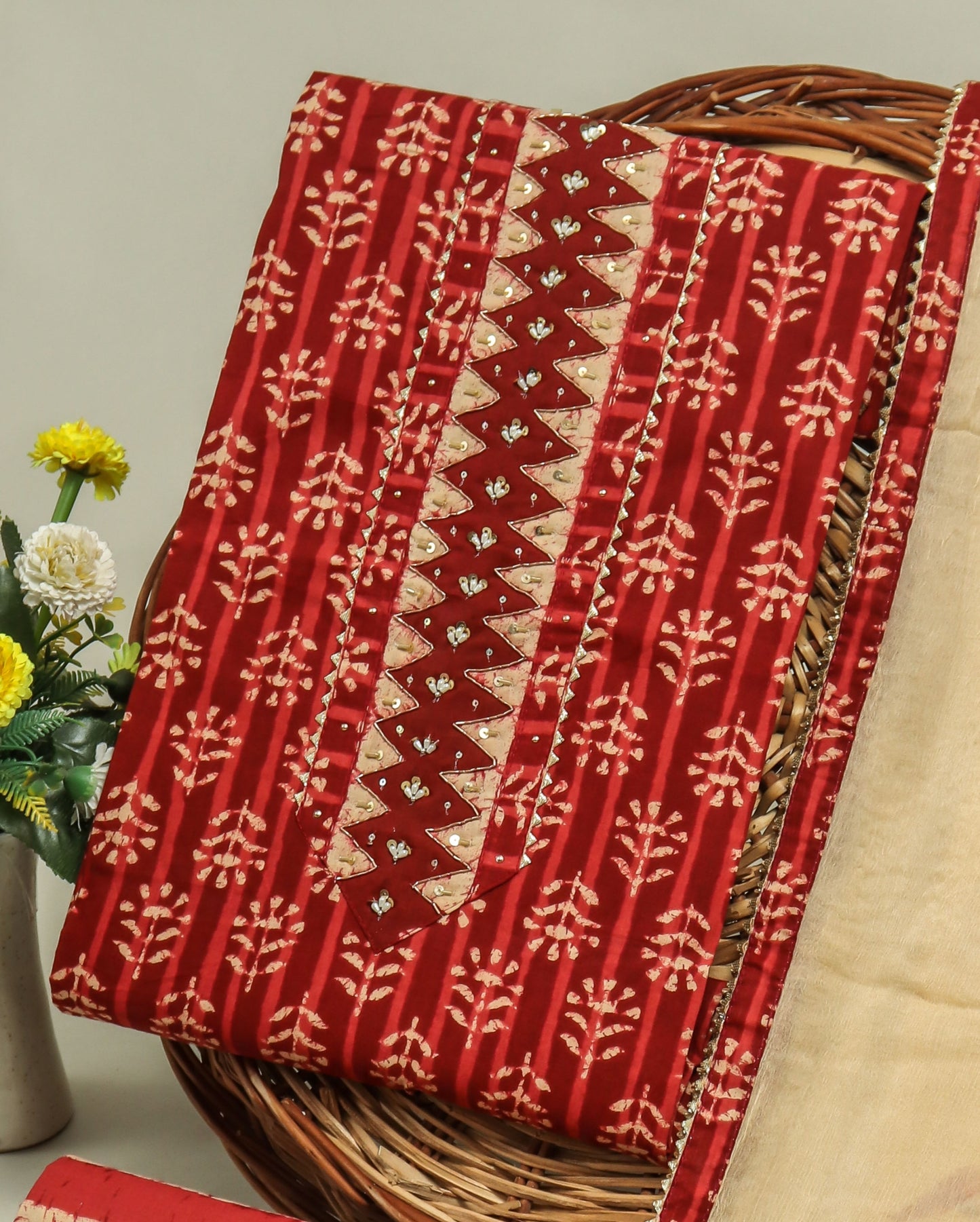 Cotton Printed Neck Work Suits with Chiffon dupatta