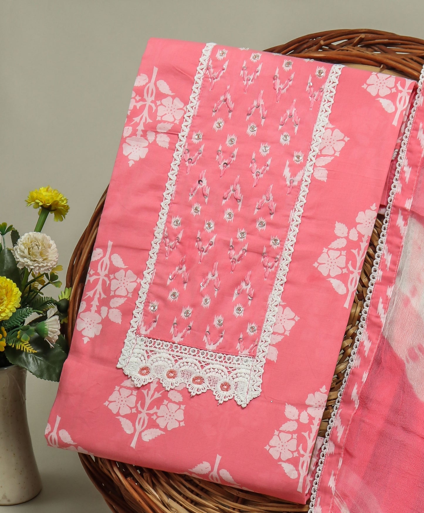 Cotton Printed Neck Work Suits with Chiffon dupatta