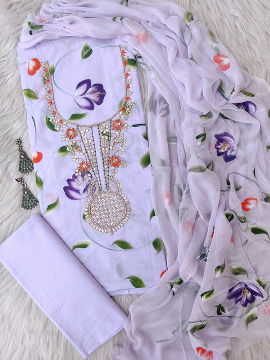 FLORAL PRINTED COTTON GOTA PATTI SUIT WITH CHIFFON DUPATTA