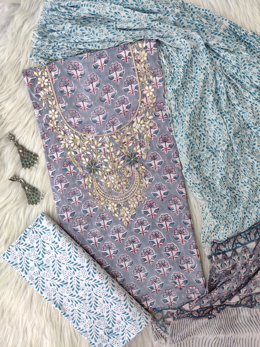 FLORAL PRINTED COTTON GOTA PATTI SUIT WITH CHIFFON DUPATTA