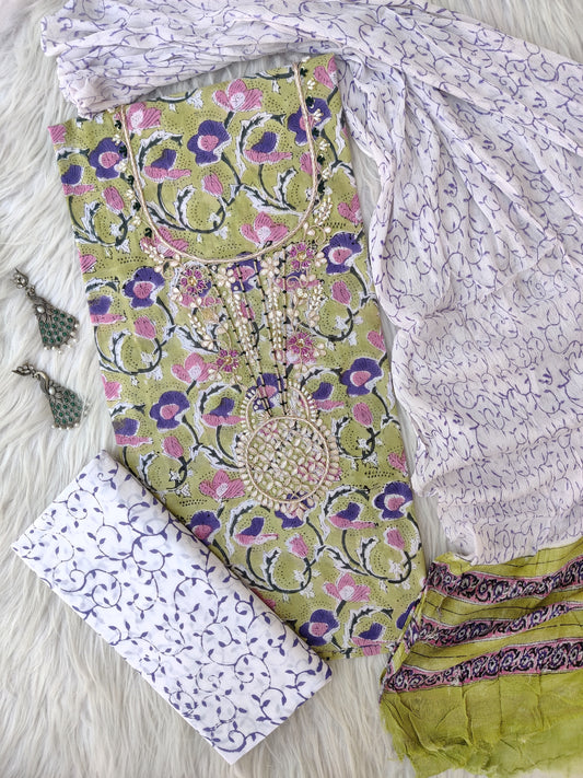 FLORAL PRINTED COTTON GOTA PATTI SUIT WITH CHIFFON DUPATTA