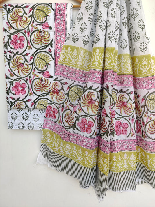 Hand Block Printed Cotton Suit with Mulmul dupatta