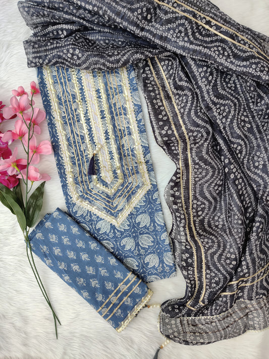 FLORAL PRINTED COTTON GOTA LACE SUIT WITH KOTA DORIA DUPATTA