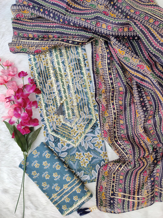 FLORAL PRINTED COTTON GOTA LACE SUIT WITH KOTA DORIA DUPATTA