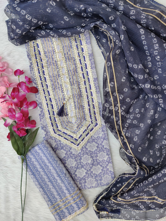 FLORAL PRINTED COTTON GOTA LACE SUIT WITH KOTA DORIA DUPATTA