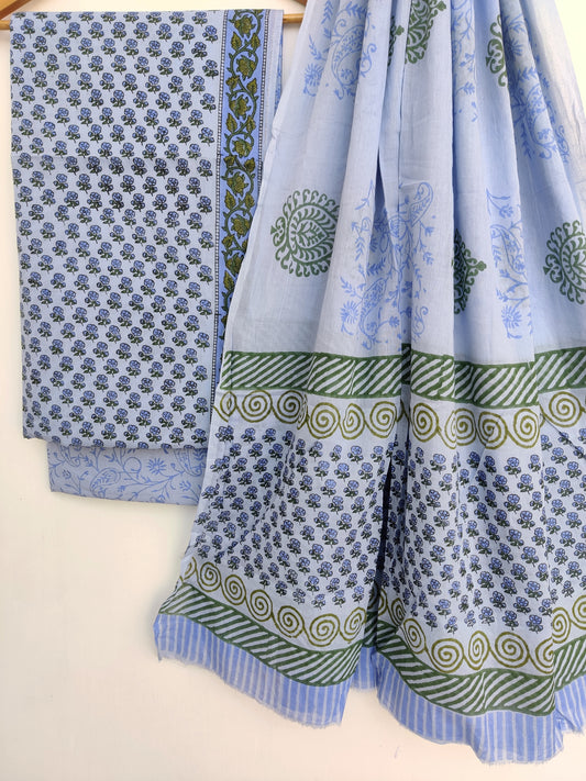 Hand Block Printed Cotton Suit With Mulmul Cotton Dupatta