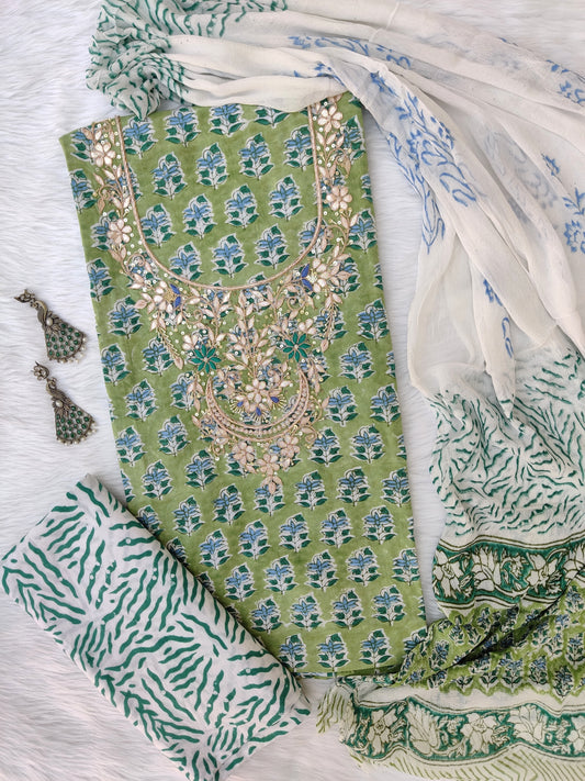 FLORAL PRINTED COTTON GOTA PATTI SUIT WITH CHIFFON DUPATTA
