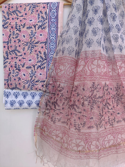 Hand Block Printed Cotton Suit with Cotton Kota Doria dupatta