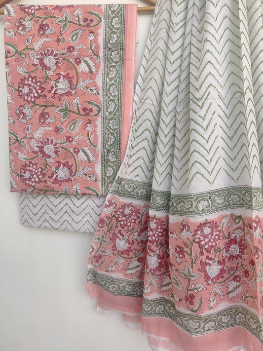 Hand Block Printed Cotton Suit With Mulmul Cotton Dupatta