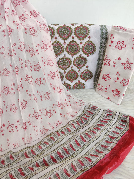 HAND BLOCK PRINTED COTTON SUIT WITH PURE CHIFFON DUPATTA