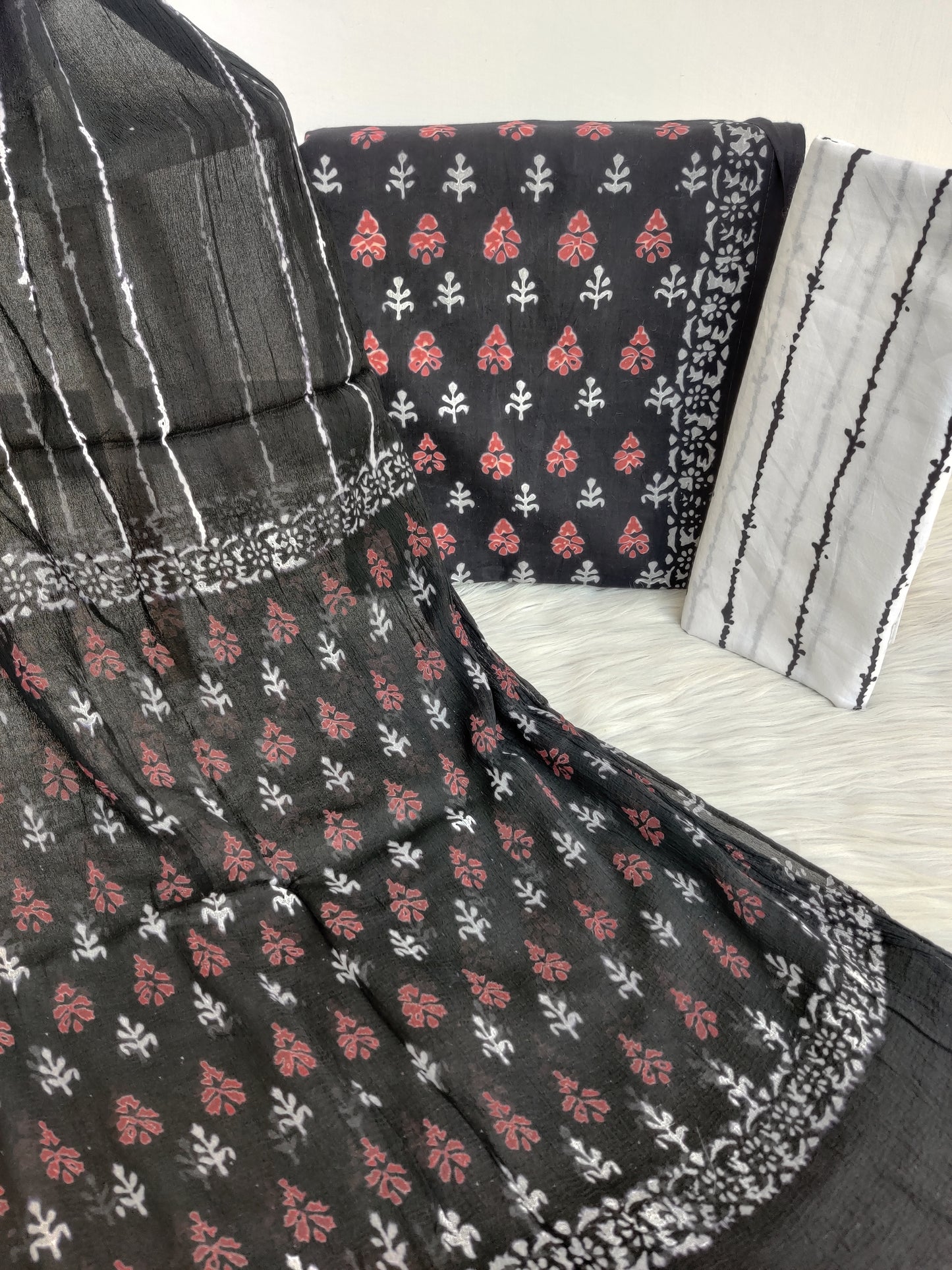 (Black & White) HAND BLOCK PRINTED COTTON SUIT WITH PURE CHIFFON DUPATTA
