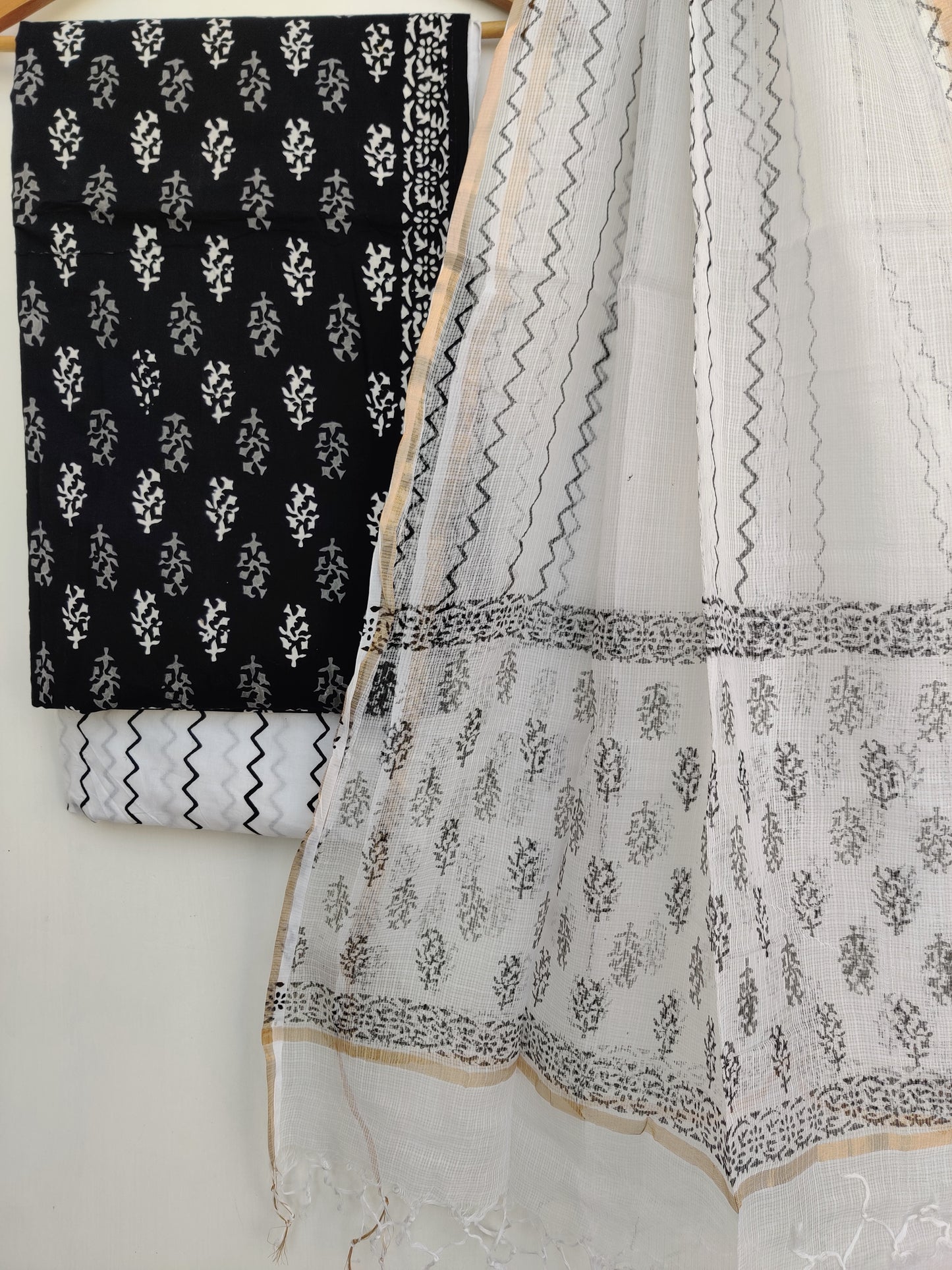 (BLACK & WHITE) Hand Block Printed Cotton Suit with Cotton Kota Doria dupatta