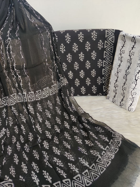 (Black & White) HAND BLOCK PRINTED COTTON SUIT WITH PURE CHIFFON DUPATTA