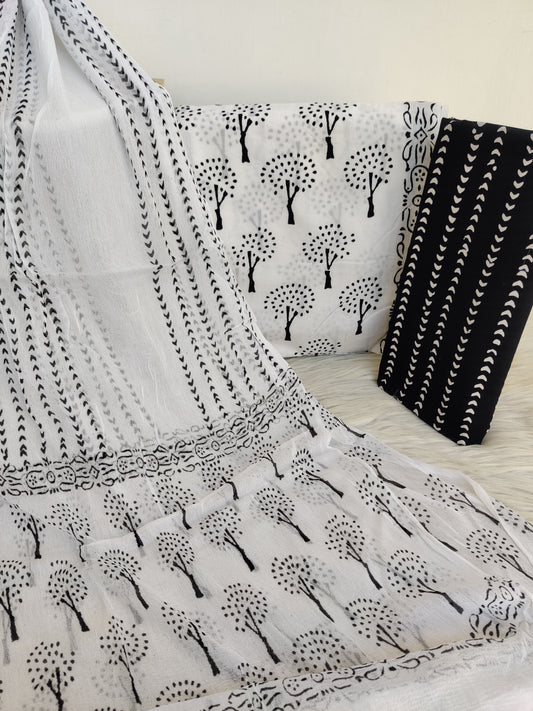 (Black & White) HAND BLOCK PRINTED COTTON SUIT WITH PURE CHIFFON DUPATTA