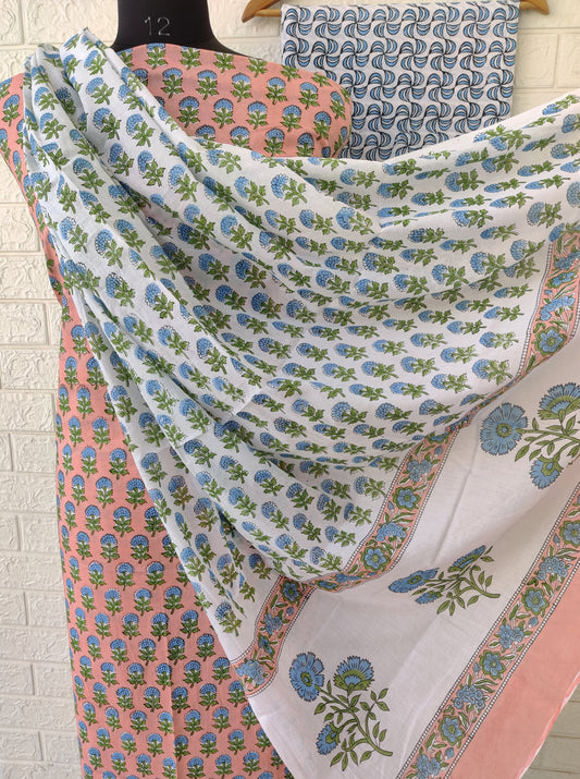 Hand Block Printed Cotton Suit With Mulmul Cotton Dupatta