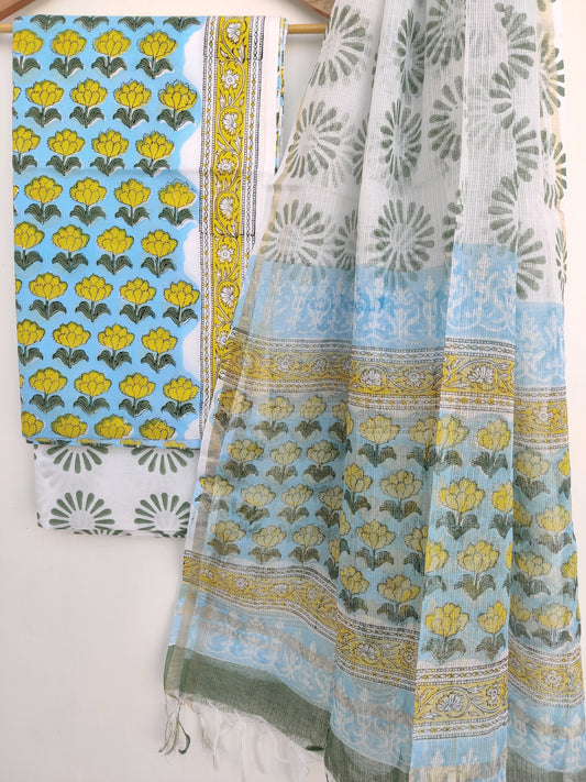 Hand Block Printed Cotton Suit with Cotton Kota Doria dupatta