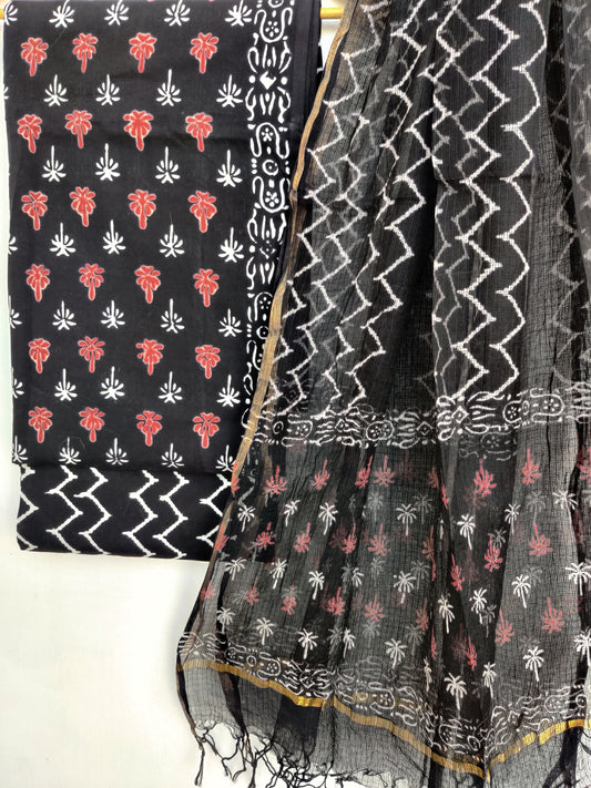 (Black & White) Hand Block Printed Cotton Suit with Cotton Kota Doria dupatta