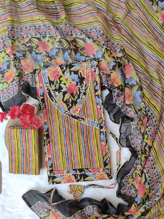 Cotton Printed Neck Work Suits with mulmul dupatta