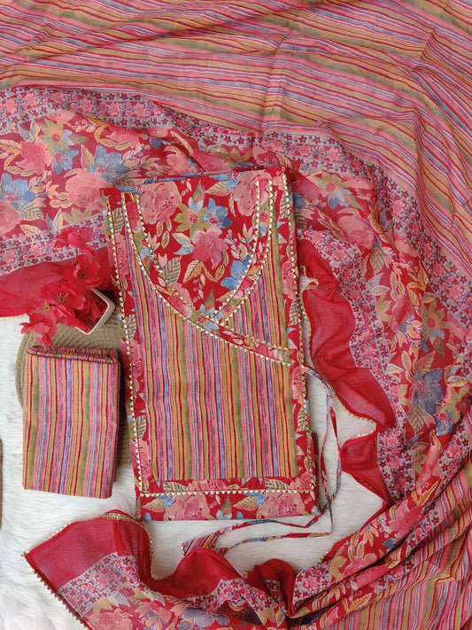 Cotton Printed Neck Work Suits with mulmul dupatta