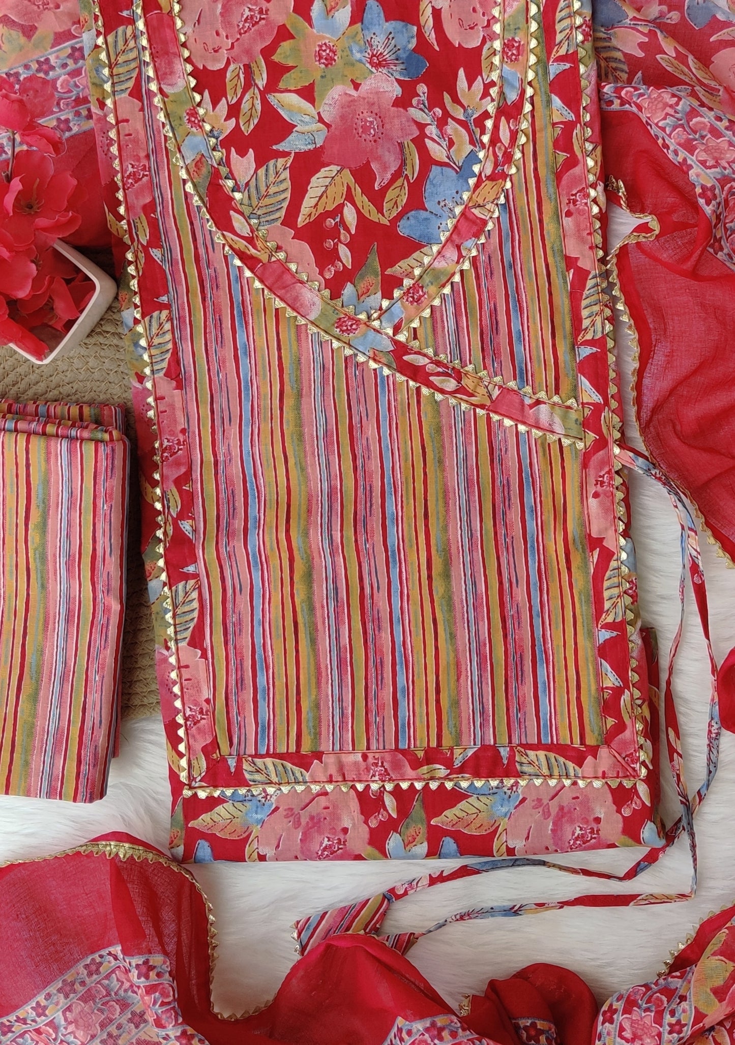 Cotton Printed Neck Work Suits with mulmul dupatta