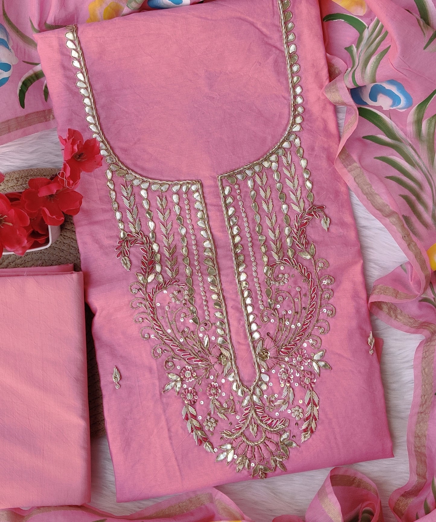COTTON CHANDERI GOTA PATTI SUIT WITH BRUSH PAINTED COTTON CHANDERI DUPATTA1